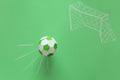 Paper soccer ball flying into goal painted by chalk on green background. Origami. Paper craft. Soccer game concept Royalty Free Stock Photo