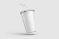 Paper soda cup with straw mockup template, isolated on light grey background.