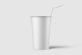 Paper soda cup with straw mockup template, isolated on light grey background.