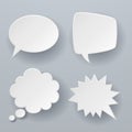 Paper speech bubbles. White origami 3d retro clouds thought chat or dialogue text message balloon vector concept