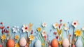 paper spring flowers and Easter colorful eggs on blue background, greeting pastel card with copy space Royalty Free Stock Photo