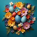 paper spring flowers and Easter colorful eggs on dark blue background Royalty Free Stock Photo