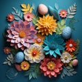 paper spring flowers and Easter colorful eggs on dark blue background Royalty Free Stock Photo