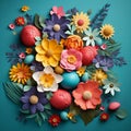 paper spring flowers and Easter colorful eggs on dark blue background Royalty Free Stock Photo