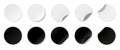 Paper stickers circle with rounded edges adhesive, white and black paper round stickers with peeling corner and shadow, isolated