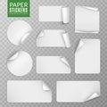 Paper stickers set. White label sticker page, blank badge bent note sticky banners curled corners wrapped sheets. Vector Royalty Free Stock Photo