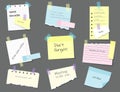 Paper sticky notes, memo messages, notepads and torn paper sheets on a grey background. Blank notepaper of meeting