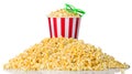 Paper striped bucket and 3D glasses on a heap of popcorn isolated on white Royalty Free Stock Photo