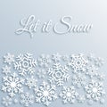 Paper style Christmas greeting card with white snowflakes. Let it snow text. Xmas vector background template. Elegant