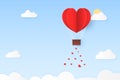 Paper Style love of valentine day , balloon flying over cloud with heart float on the sky, couple honeymoon , vector illustration