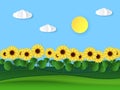 Paper sunflowers. Summer field landscape, paper cut with wild sunflower, sun and clouds, bright floral origami style