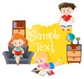 Paper template with three kids reading books