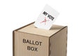 Paper with text My Vote and tick sticking out of ballot box on white background Royalty Free Stock Photo