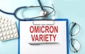Paper with text OMICRON VARIETY on a blue background with stethoscope and pills