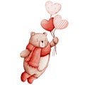 Cute watercolor teddy bear wearing a red scarf and holding heart shaped balloons. Royalty Free Stock Photo