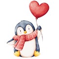 Cute penguin with a heart shaped balloon watercolor illustration Royalty Free Stock Photo