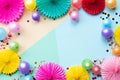 Paper texture flowers with confetti on color background. Birthday, holiday or party background. Flat lay style. Royalty Free Stock Photo