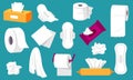 Paper tissue collection. Paper roll with tissues wet and dry, clean napkins box, everyday hygiene products cartoon flat