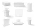 Paper tissue napkins in different roll package storage boxes set realistic vector illustration