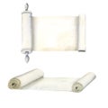 Paper Torah scrolls set, parchment watercolor banner isolated on white for Jewish Passover, Purim. Shavuot greetings