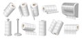 Paper towels. Kitchen towel roll, white wipes cylinder on stand and soft tissue absorbent 3D isolated vector