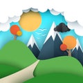 Paper travel illustration sun, cloud, hill, mountain, bird.