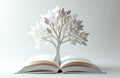 Paper tree grows from open book. Symbolizes knowledge growth education learning and new ideas blooming. Minimalist white design Royalty Free Stock Photo