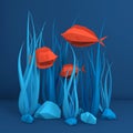 Paper underwater sea cave with fishes, stones, seabed in algae, waves. Paper cut deep style 3d render. Deep blue marine life, Royalty Free Stock Photo