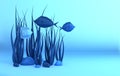 Paper underwater sea cave with fishes, stones, seabed in algae, waves. Paper cut deep style 3d render. Deep blue marine life, Royalty Free Stock Photo