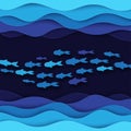 Paper underwater sea cave with jamb of fishes and sea waves. Royalty Free Stock Photo