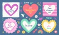 Paper valentine memo notes on stickers. Vector vintage sticky notes and pages with torn edges