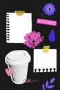 Paper vision board collage, halftone coffee cup, flowers, taped notes and doodles Royalty Free Stock Photo