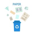 Paper waste blue bin. Waste sorting and recycling concept. Color vector ilustration Royalty Free Stock Photo