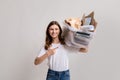 Paper Waste Recycle. Millennial Lady Holding Plastic Container Filled With Cardboard Trash Royalty Free Stock Photo