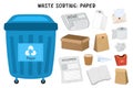 Paper waste sorting set. Blue trash can for paper and cardboard garbage