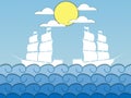 Paper waves. Ships on the waves, sailing medieval ship. Seascape. Vector Royalty Free Stock Photo