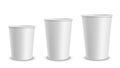 Paper white cups. Container different size cup for drinks, lemonade and juice, hot coffee, tea or ice cream. Empty 3d realistic Royalty Free Stock Photo