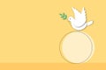 Paper white dove or pigeon carrying olive branch flying with empty circle on yellow background. Concept for World Peace Day. Royalty Free Stock Photo