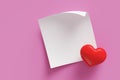 paper white thin post it 3d plastic red heart shape symbol reflective shiny pink background. note paper write messages of love. Royalty Free Stock Photo