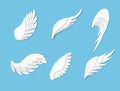 Paper wings. Artificial white different shapes wings decoration. Heraldic logo with bird feathers, origami flying angel