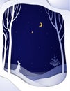 Paper winter forest night landscape with white hare and Christmas tree, paper winter fairytale background ,