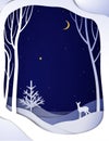 Paper winter forest night landscape with young deer and Christmas tree, paper winter fairytale background with bambi,