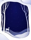 Paper winter forest night landscape with young deer, paper winter fairy tale background with bambi,