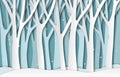 Paper winter forest. White frozen trees silhouettes, christmas season natural paper cut landscape. 3d origami vector