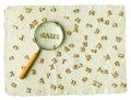 Search Game magnifier word and letters on a vintage paper