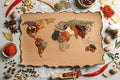 Paper with world map made of different aromatic spices on gray background Royalty Free Stock Photo