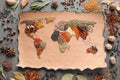 Paper with world map made of different aromatic spices Royalty Free Stock Photo