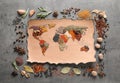 Paper with world map made of different aromatic spices on gray background Royalty Free Stock Photo