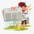 Paperboy character showing newspaper and shouting. paperboy with Royalty Free Stock Photo