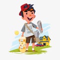 Paperboy holding newspaper with his skateboard and people home i Royalty Free Stock Photo